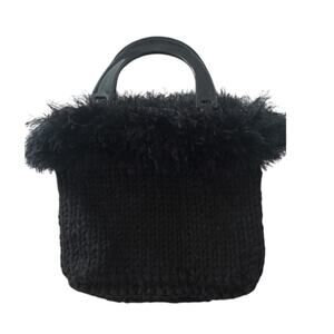 One of a Kind Black‎ Knit Fur Trim Purse Top Handle Novelty Bag Unique Handbag